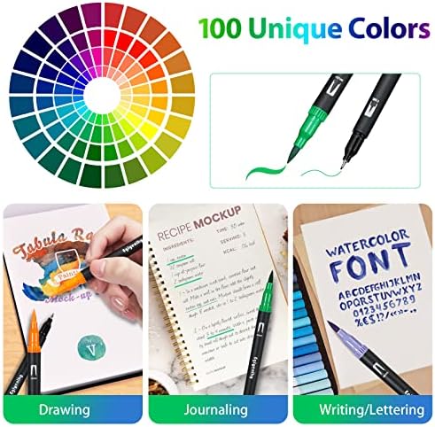 Eglyenlky Dual Brush Pens, Markers for Adult Coloring Book,100 Water Colors | Art Pens with Fine Point Markers and Brush Tip for Adult Kids Drawing (Black Set)