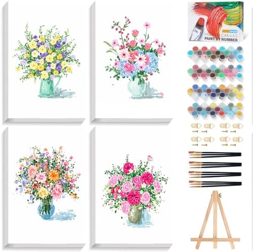4 Pack Framed Paint by Numbers Kit for Adults Beginner with Wooden Easel, Flowers Vase Easy Paint by Numbers with Frame, DIY Adult Paint by Numbers Kits on Canvas Framed for Home Decor Gift 8x12 Inch