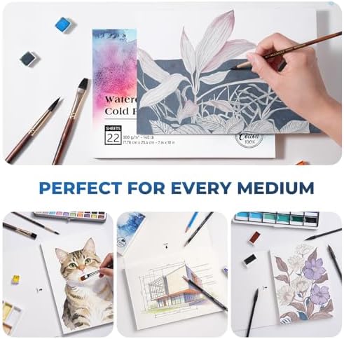 Watercolor Paper Block 7x10 Inch, Fuumuui 100% Cotton Watercolor Paper Pad of 22 Sheets, 140lb/300gsm, Acid-Free Cold Pressed Art Paper for Painting, Drawing, Art Journaling, Wet, Mixed Media