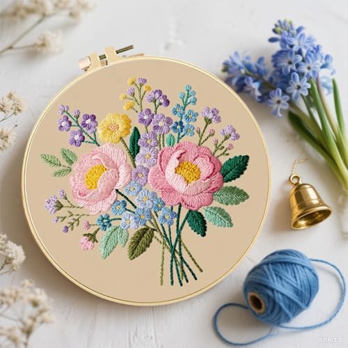 FREEBLOSS 4 Sets Embroidery Kit for Beginners Needlepoint Bouquet Stamped Embroidery Starter Kit with Instructions, Needles, Threads, 2 Hoops 11.6"/29.5CM