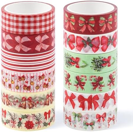 Christmas Bow Washi Tape - 12 Rolls Festive Holiday Designs with Holly Candy Cane Patterns, Easy Tear & Acid Free Adhesive for for Gift Wrapping, Scrapbook, Journal Decor & DIY Projects