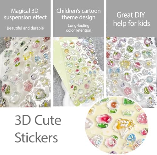 3D Cute Stickers Cartoon Butterfly Flowers Green Fruit Puff Stickers Kawaii Mini Puffy 3D Reusable Puffy for Scrapbooks Planner Journals Laptops Phone Case Decoration
