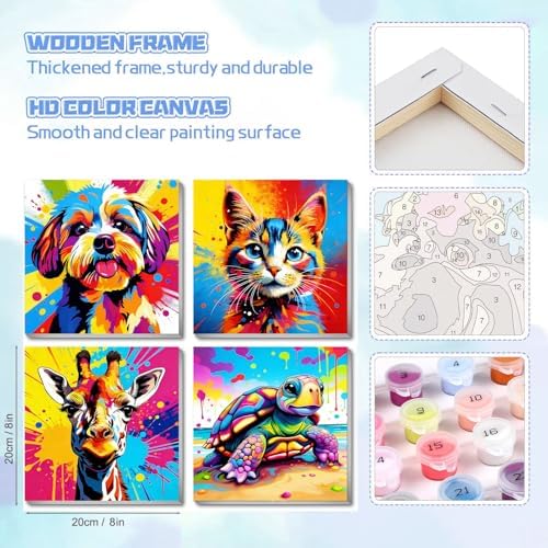 bleihum 4 Pack Paint by Numbers Kit for Kids with Frame Wooden Easel | Easy Paint by Number Kids Animals, Diy Acrylic Oil Colorful Painting by Numbers for Teen Boys Girls Home Decor 8x8Inch