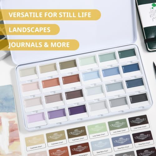 Watercolor Paint Set, 24 Color Opaque Semi-Solid, Muted Gray Tone