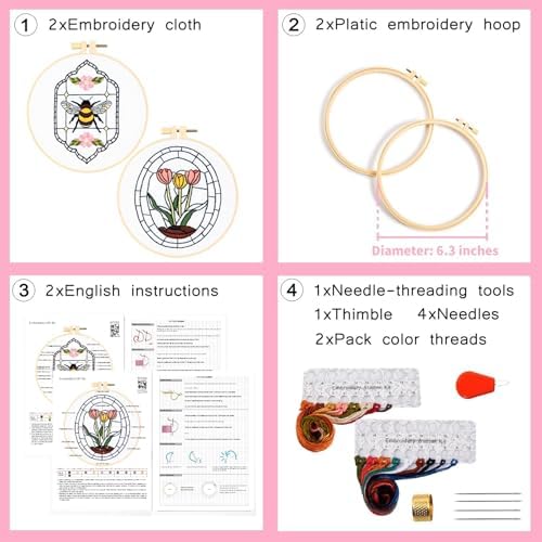 Armindou Flowers Bee Embroidery Kits for Beginners Adults, Floral Hand Embroidery Set Needlepoint DIY Kits, Stamped Cross Stitch Kits for Beginners Adults, 2 Embroidery Hoops (Attached Video Tutorial)