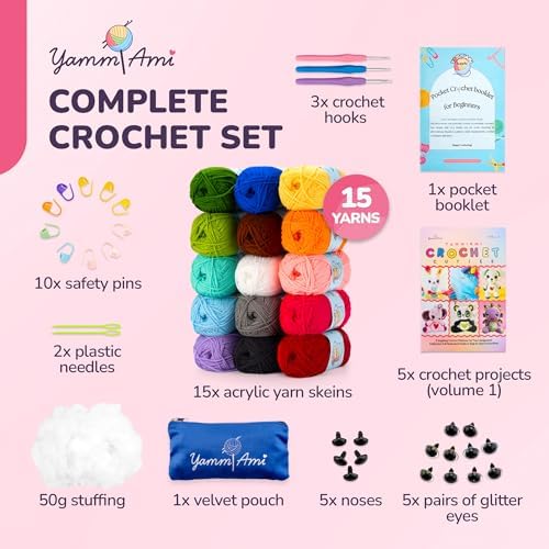 YammiAmi 2,550 Yards Beginner Crochet Kit for Adults - 15 Large Single Color Yarn Skeins - 49 Pc Amigurumi Crochet Kit for Starters - Learn to Crochet with Instruction Book - Accessories Set