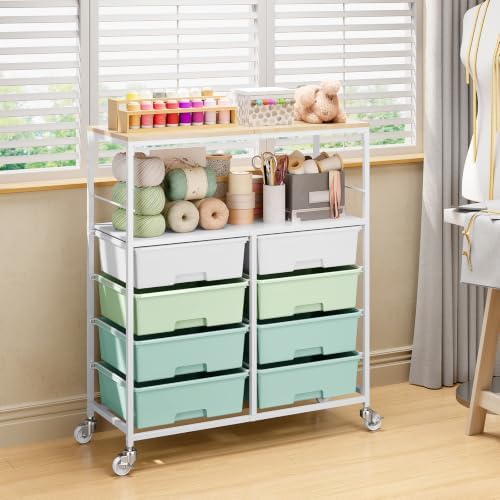 APEXCHASER Rolling Storage Cart with 8 Large Drawers, Wooden Tabletop