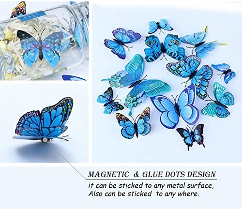 OPSEAM 3D Butterfly Wall Decor Butterfly Decorations Stickers with Magnets | 48 PCS Blue,12 Styles Double Layer Butterfly for Classroom Decoration,Locker Refrigerator, Reusable,Waterproof