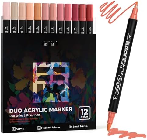 ZSCM 12 Red Acrylic Paint Markers, Dual Fine & Brush Tip Acrylic Pens