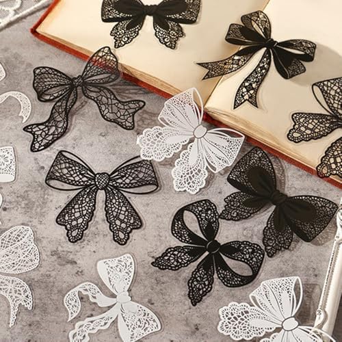 20Pcs Lace Bow Stickers for Scrapbooking Junk Journal Supplies Black White Bows PET Stickers for Journaling Scrapbook Sticker Pack Collage Vintage Decorative Sticker Stationery Decals for Crafts