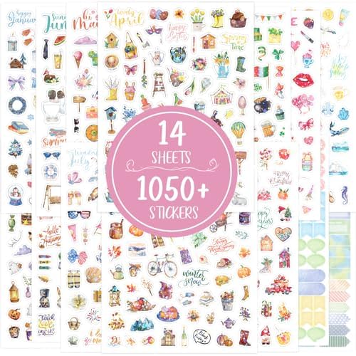 1050Pcs Aesthetic Monthly Planner Stickers, 14 Sheets Holographic Holiday Seasonal Planner Stickers for Scrapbook Supplies Calendar Journaling Daily Planners and Journals, with All Year Holidays