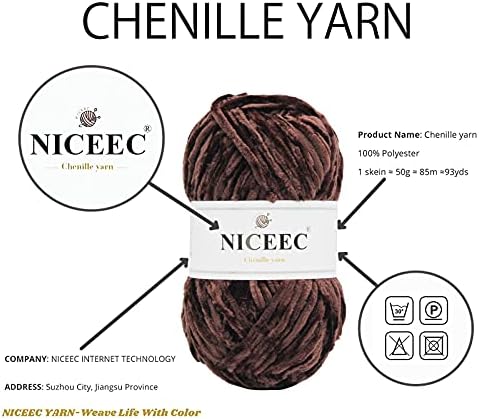 NICEEC 3 Skeins Soft Chenille Yarn 3 x85m (3X 93yds, 3X 50g)_Coffee