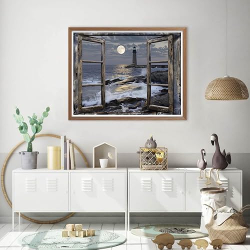 EIBEILI Diamond Art Kits for Adults, Lighthouse Diamond Painting Kits for Adults Beginners, DIY Diamond Dots Bookstore 5D Full Round Drill Gem Art Painting Kits for Home Wall Decor 12x16 inch
