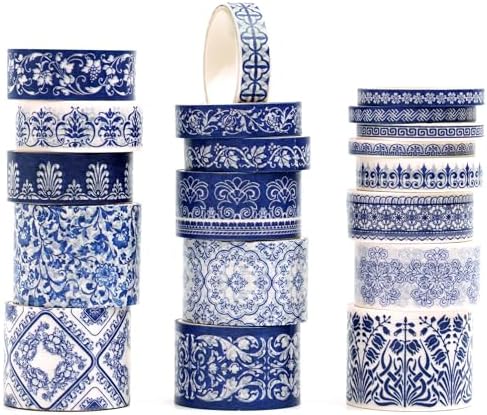 Blue & White Porcelain Washi Tape Set, Traditional Chinese Ceramic Pattern Decorative Masking Tapes, Oriental Art for Craft, Scrapbook, DIY, Gift Wrapping (2-Echoes of Blue/19 Rolls)