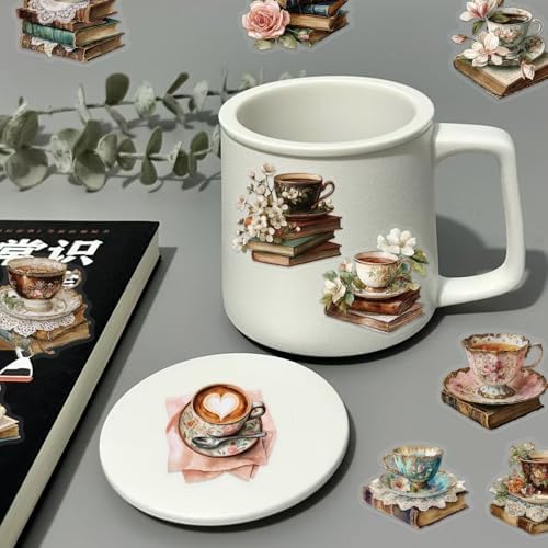50pcs Vintage Coffee Books Stickers for Laptop Water Bottles, Transparent PET Waterproof Adhesive Teatime Decals Weekend time Sticker for Kids Teens Adult Birthday Party Scrapbook Phone (Retro-4)