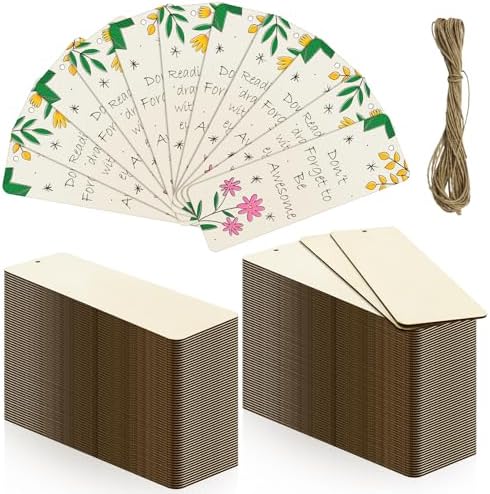 50 Sets 6 x 2 Inch Large Wooden Bookmarks with Holes and Ropes