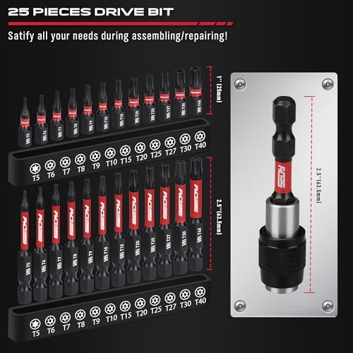25-Piece Torx Bit Set, 1''&2.5'' Security Tamper Proof Torx Impact Screwdriver Bits, T5-T40 CNC Machined Magnetic Tips, S2 Steel Star Bit, High Torque Strength Precision Tools with Storage Box
