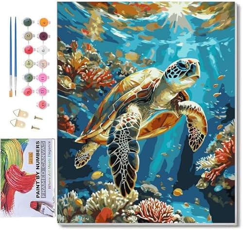ldazao Framed Paint by Numbers Kit for Adults Sea Turtle Paint by Number Artist Kit Beginner DIY Painting Kits for Adults On Canvas for Gift Home Wall Decor 9.5x12 Inch