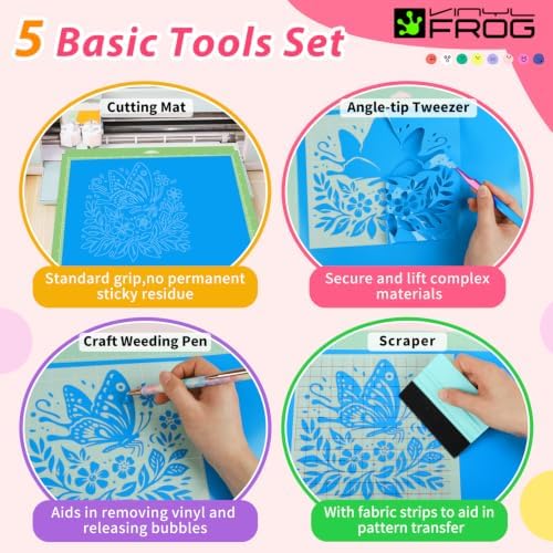 VINYL FROG 45PCS Accessories Bundle for Cricut-Vinyl Bundle for DIY Craft Projects，Ultimate Tools with Permanent Adhesive Vinyl, Holographic Vinyl, Transfer Tape, Cutting Mat, Weeding Tools, Scrape