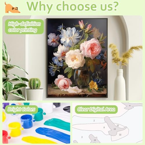 Reivworl Flowers Paint by Numbers Kit for Adults, Flowers Paint by Number for Adults, Adult Paint by Number Kits for Gifts and Home Wall Decor 16x20 Inch