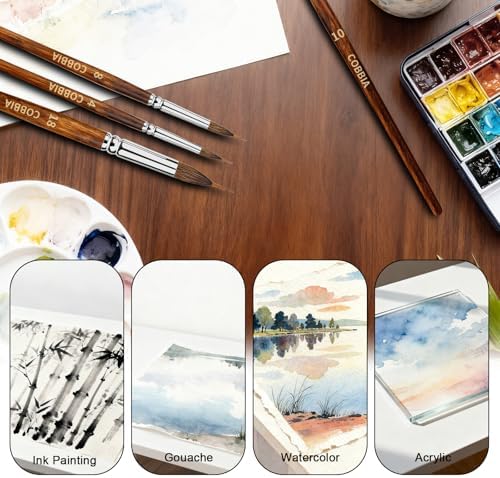 Watercolor Brushes Set of 6 - Extra Long Needle Point Detail Brushes for Fine Line Work, Featuring a Two-Layer Sable/Kolinsky Synthetic Blend for Continuous Painting & Broad Washes. Ideal for Artists.