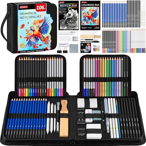 106 Pack Drawing Set Sketching Kit, Pro Art Supplies Sketch Pencils Set