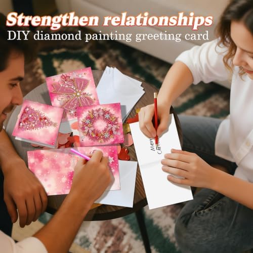 POETRYDRAW DIY Diamond Art Painting Greeting Card Kit, Creative Craft Set for Card Making，Pink Christmas