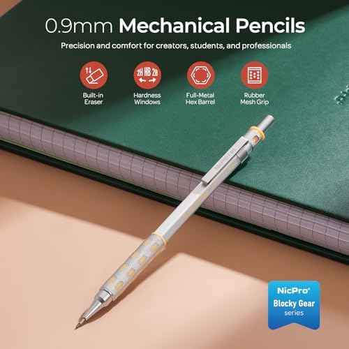 Nicpro Blocky Gear 0.9 mm Mechanical Pencils Set, Metal Pencil with Case