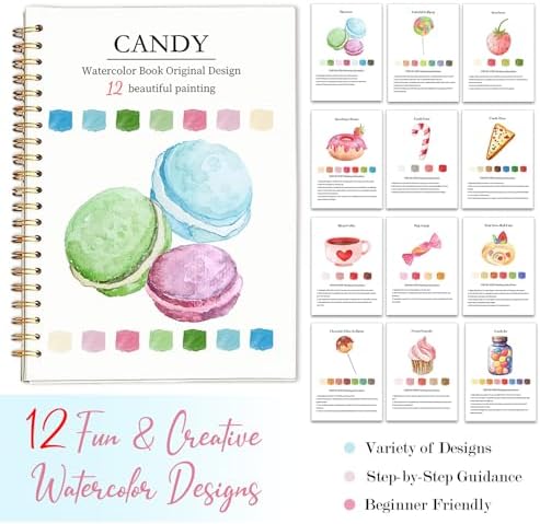 Easy Watercolor Workbook for Beginners - 12 Beautiful Step-by-Step Paintings Water Coloring Book, Includes 16 Colors Paints, Relaxing Art Projects and Creative Gift for Adults & Teen (Candy)