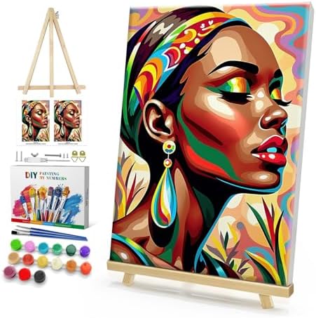 HeeBenor Paint by Numbers Kit for Adults Framed, Black Women Paint by Number with Easel, DIY Acrylic Black Woman Oil Painting Kit, Adult Paint by Number Kits Framed Canvas 8x12 Inch