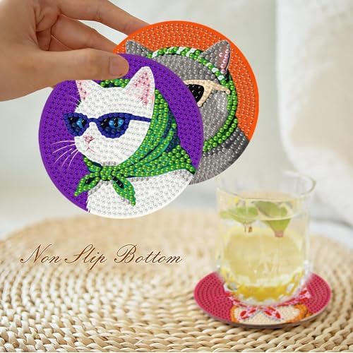 8 Pcs Cat Diamond Painting Coasters Kits with Holder,Cat Wearing Glasses Diamond Art Coasters with Wooden Pad for Adult,DIY Round Drill Gem Drink Coaster Art Craft Supplies for Home Decor 4x4 Inch.