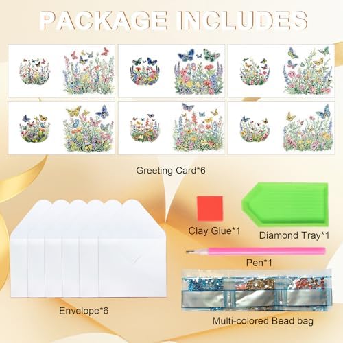 Tontut 6pcs Diamond Art Painting Kit Greeting Card, Green Flower Butterfly 5D DIY Diamond Handmade Holiday Greeting Card with Envelope, Holiday Gift Congratulations