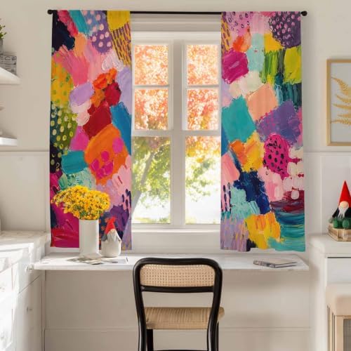 Colorful Art Sheer Curtains 72 Inch Length 2 Panels for Living Room, Geometric Modern Abstract Oil Painting Voile Kitchen Curtain Set, Luxury Privacy Drapes Window Treatment for Bedroom