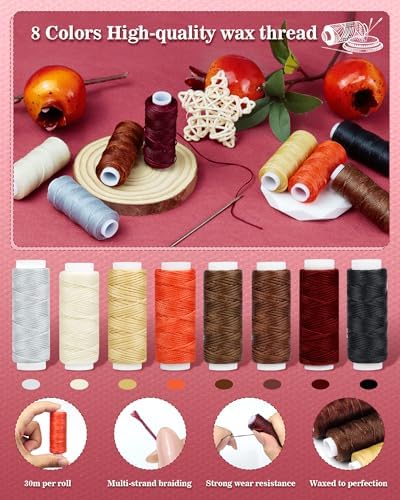 PLANTIONAL 8 Colors Waxed Thread Leather Sewing Kit, 47 Pcs Upholstery Repair Kit with Waxed Thread, Sewing Awl, Hand Stitching Needles, Leatherworking Tools for Car Seats, Sofa, Shoes, DIY Craft