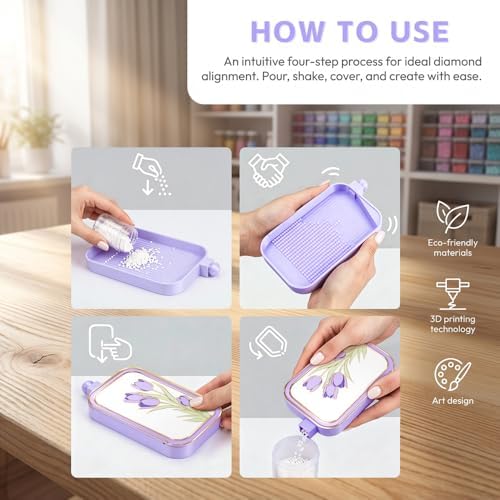 RaySoar 3D Printed Diamond Art Trays with Lids, High Edge Anti-Spill Rhinestone Tray with Exquisite Pattern for Diamond Art Accessories - Light Purple