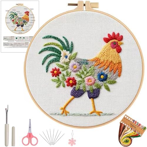Ohcol Embroidery Kit Cross Stitch Kits Needle Point Kits Beginner Adults Needlepoint Kits with Rooster Pattern & Hoop