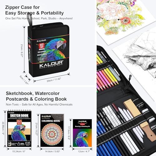 KALOUR PDAS 112 Drawing Set Sketching Kit, Pro Art Supplies with 3-Color Sketchbook & Coloring Book, Neon, Colored, Watercolor, Metallic, Graphite, Charcoal Pencils, Gift for Artists Adults Teens