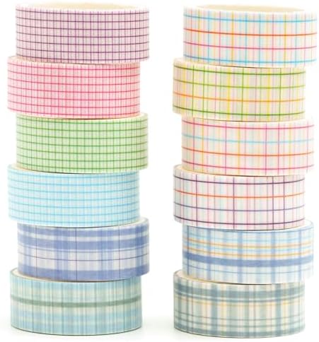 12 Rolls Grid Washi Tape Set Plaid Arts Adhesive Tapes Basic Patterns Decorative Masking Tape Sets for Craft, Kids, Scrapbook, DIY, Gift Wrapping (Style Three)