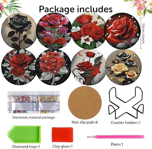 8 Pack Diamond Art Coasters,Rose Flowers Diamond Painting Coasters Kits
