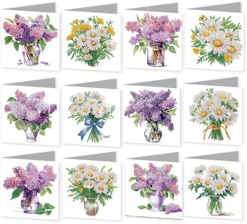 C'eitura Diamond Art Painting Greeting Cards 12 Pack DIY 5D Lilac Daisy Floral Rhinestone Mosaic Folded Cards, Handmade Craft Gift Adults Women Birthday Mothers Day