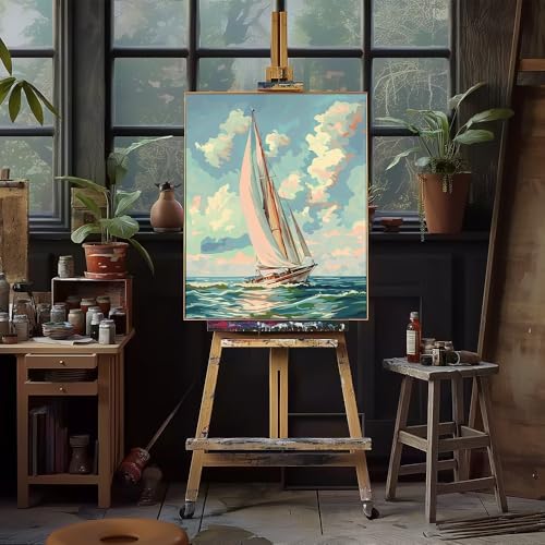 Natuyalo Paint by Numbers Kit for Adults Beginners, 16" Wx20 L Canvas Pictures Drawing Acrylic Paintwork with 3 Pcs Paintbrushes, Sailboat in Waves