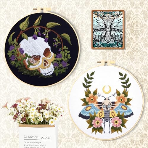 Gothic Skull Embroidery Starter Kits for Beginners Adults, Halloween Stamped Cross Stitch Kit for Beginners Adults, Flowers Hand Embroidery Needlepoint Kit, 2 Embroidery Hoop (Attached Video Tutorial)