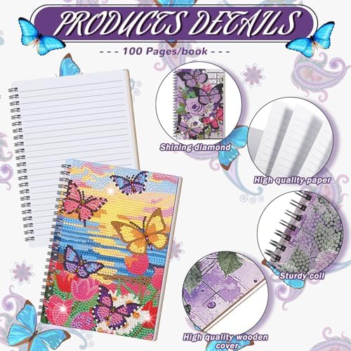 Fullhawl 6 Pack 5D DIY Diamond Art Crafts Kit for Adults Office Supplies Beginner A5 Leather Diamond Painting Gift for Women Art Cover Craft Accessories with Tool (Butterfly Floral)