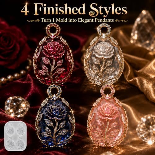 4-Cavity Wreath Rose Pendant Resin Silicone Mold with Hanging Hole, Vintage Floral Frame Epoxy Resin Casting Mould, DIY Necklace Charm Mold for Christmas Halloween Handmade Jewelry Craft