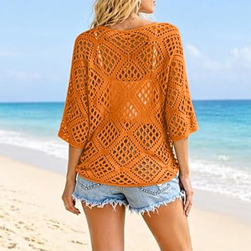 Bohemian Crochet Tops for Women 3/4 Sleeve V-Neck Open Knit Pullover Beach Cover Ups Hollow Out Boho Vacation Blouse