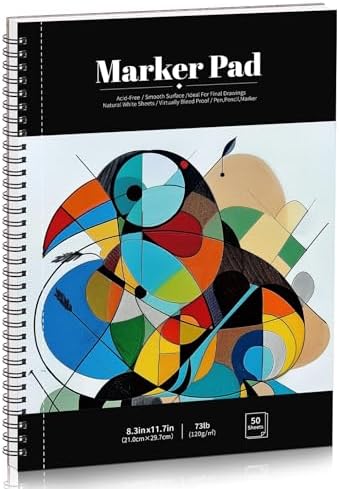 Marker Paper Pad 8.3 × 11.7 in, 50 Sheets, 120gsm Spiral Bound Sketchbook | Bleed-Resistant Coated Paper, Acid-Free, Smooth for Alcohol Markers, Pencils & Layering, Easy-Tear Spiral Pages