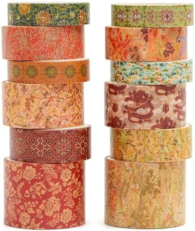 12 Rolls Chinoiserie Washi Tape Set Chinese Arts Adhesive Tapes Geometric Garden Decorative Masking Tape Sets for Craft, Kids, Scrapbook, DIY, Gift Wrapping (Moon Over the Borderlands)