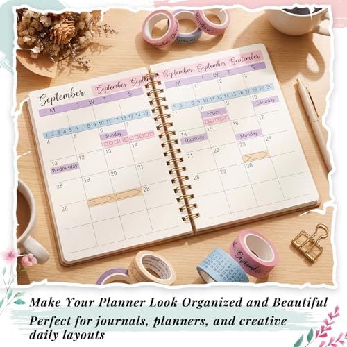 Chuangdi 9 Rolls Calendar Washi Tape Set,Pink, Purple, Yellow, Blue | Vintage Day Week Month Date Number Calendar Washi for Journaling, Planner Decoration, Journal Labels, Arts Crafts