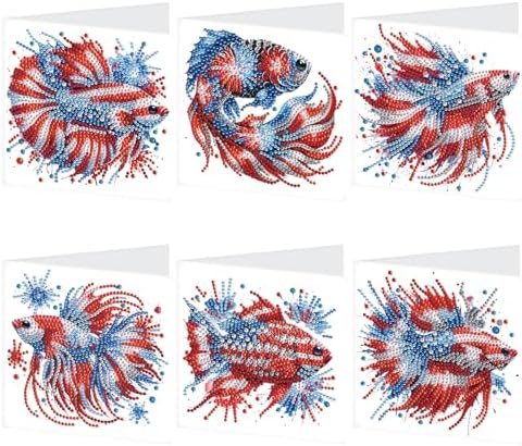 6-Piece 5D Diamond Art Greeting Card Kit with Envelopes, USA Independence Day Goldfish Design, DIY Special Shape Diamond Painting Greeting Cards for Adults, Handmade Card Craft Holiday Gift, 30x15cm