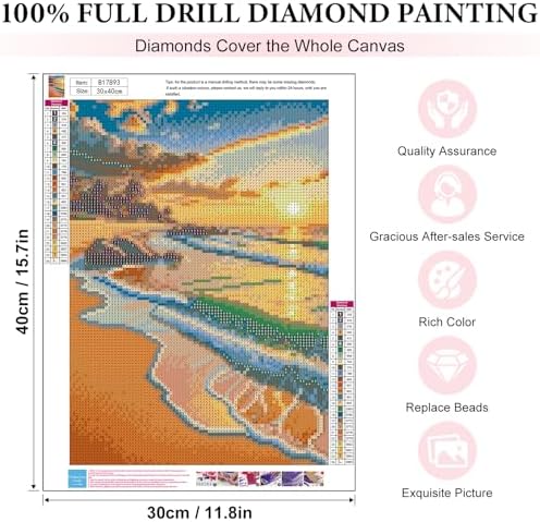 Yezavesu Beach Diamond Art Kits for Adults, Sunset 5D Diamond Painting Kit for Beginners, DIY Round Full Drill Painting with Gem Art Craft Kits for Home Wall Decor 12x16 Inch